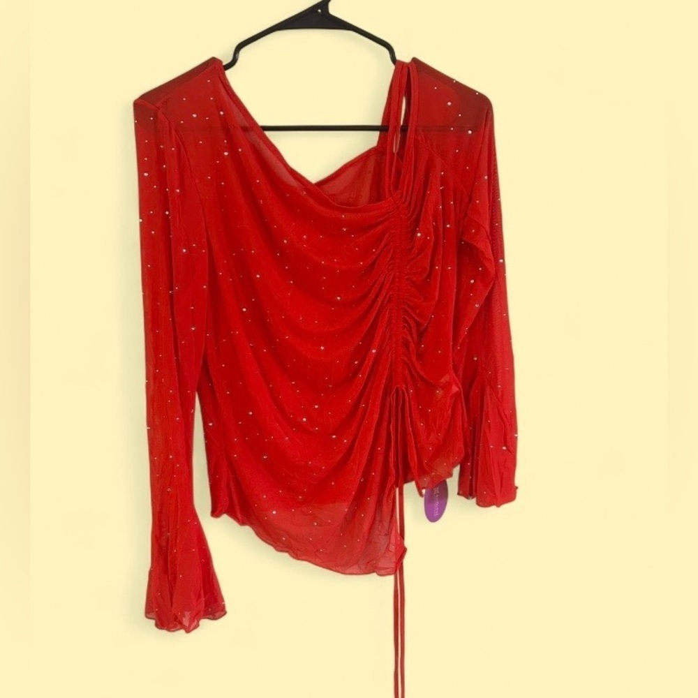Avidlove NWT Red Sheer Rhinestone Ruched Top Bell Sleeve (Fits Like M)